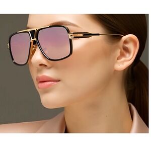Designer Sunglasses Gold Black Frame Pink Mirror Lens Retro Square Trendy Shades